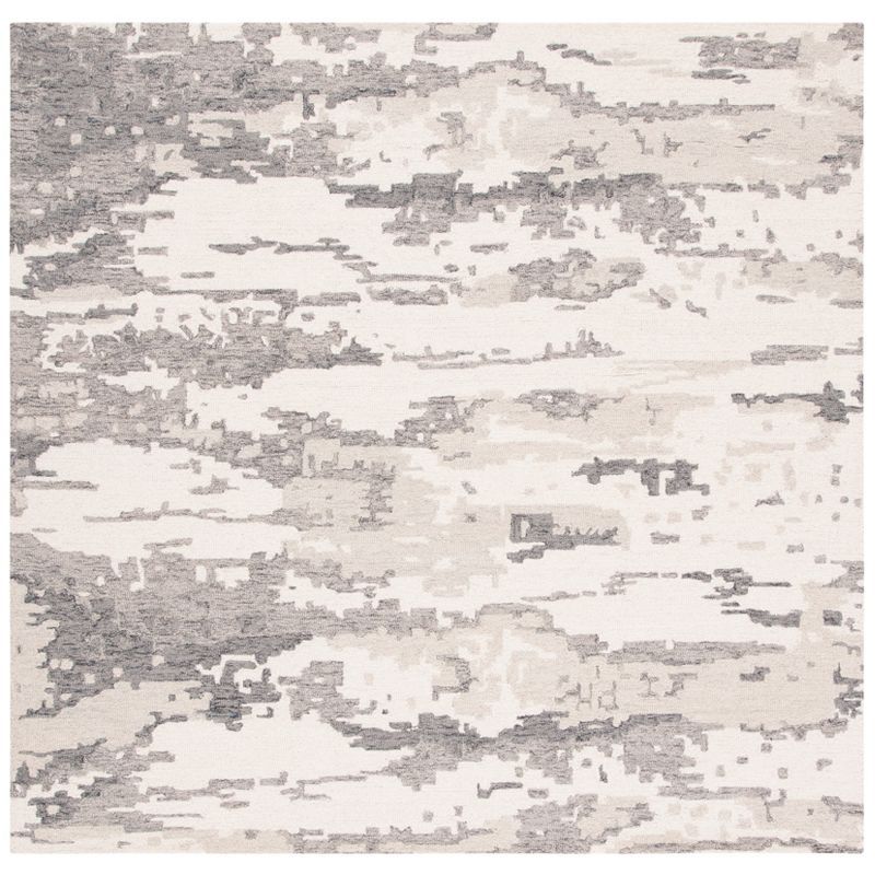 Charcoal and Ivory 6' Square Handmade Wool Abstract Area Rug