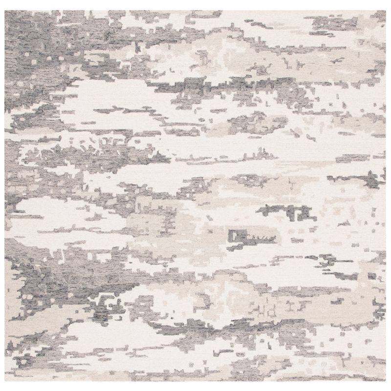 Charcoal and Ivory Abstract Hand-Tufted Wool Square Rug