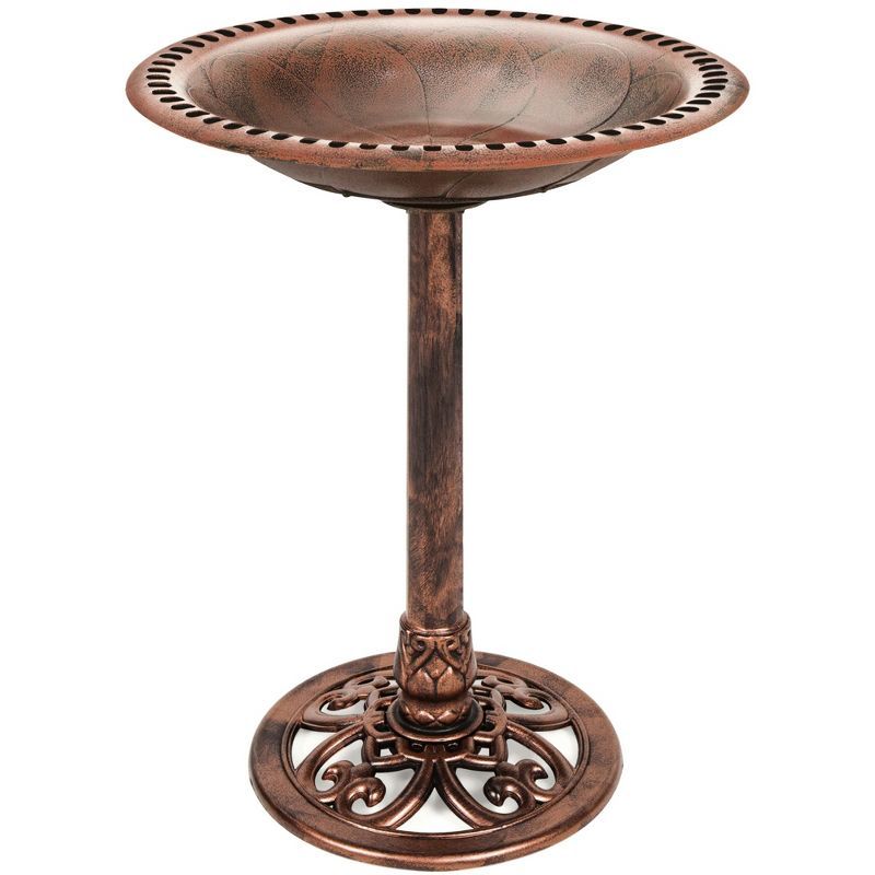 Copper Antique Finish Pedestal Bird Bath with Fleur-de-Lis Accents