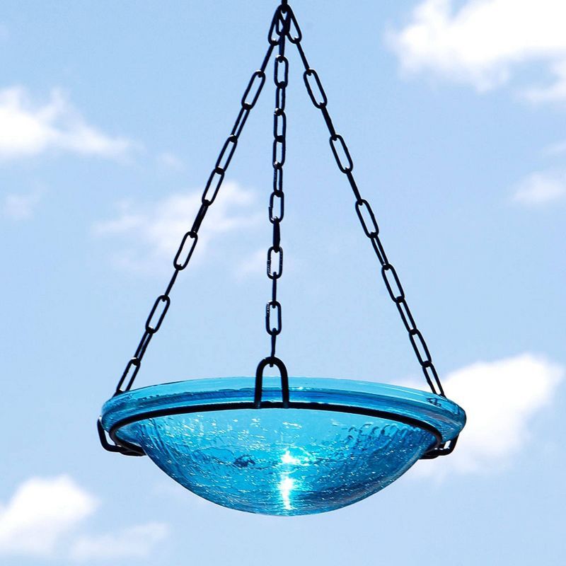 Teal Crackle Glass Hanging Birdbath with Iron Chain