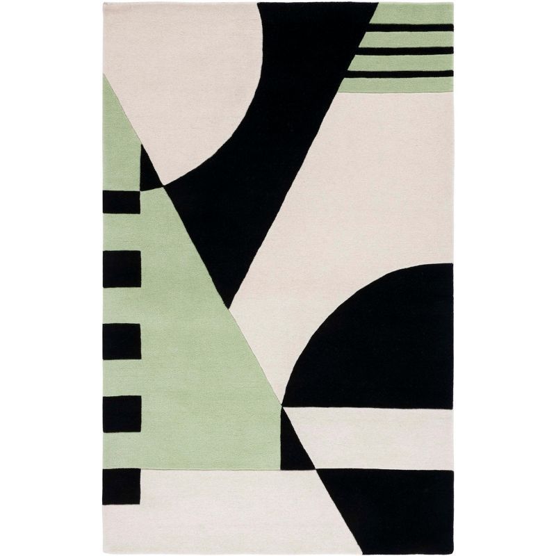 Art Deco Inspired Black and Green Hand-Tufted Wool Rug