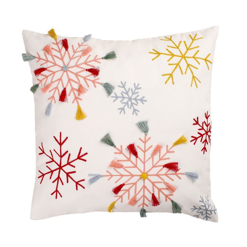 White Velvet Square Pillow with Embroidered Snowflakes, 18 in