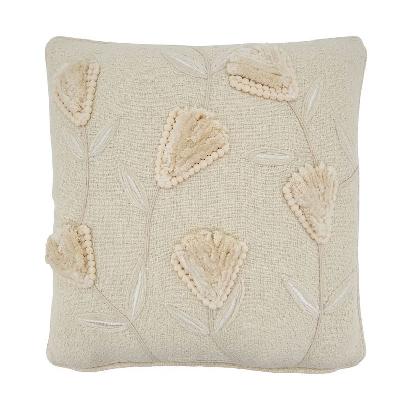 Ivory Cotton Euro Pillow Cover with Floral Applique Design