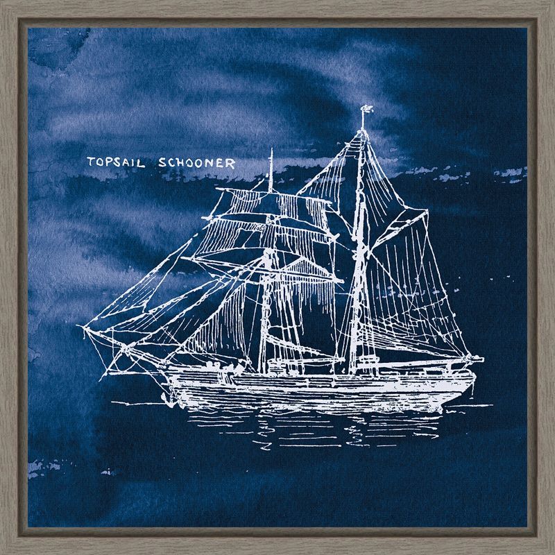 Indigo and White Sailing Ship Canvas Wall Art with Gray Frame