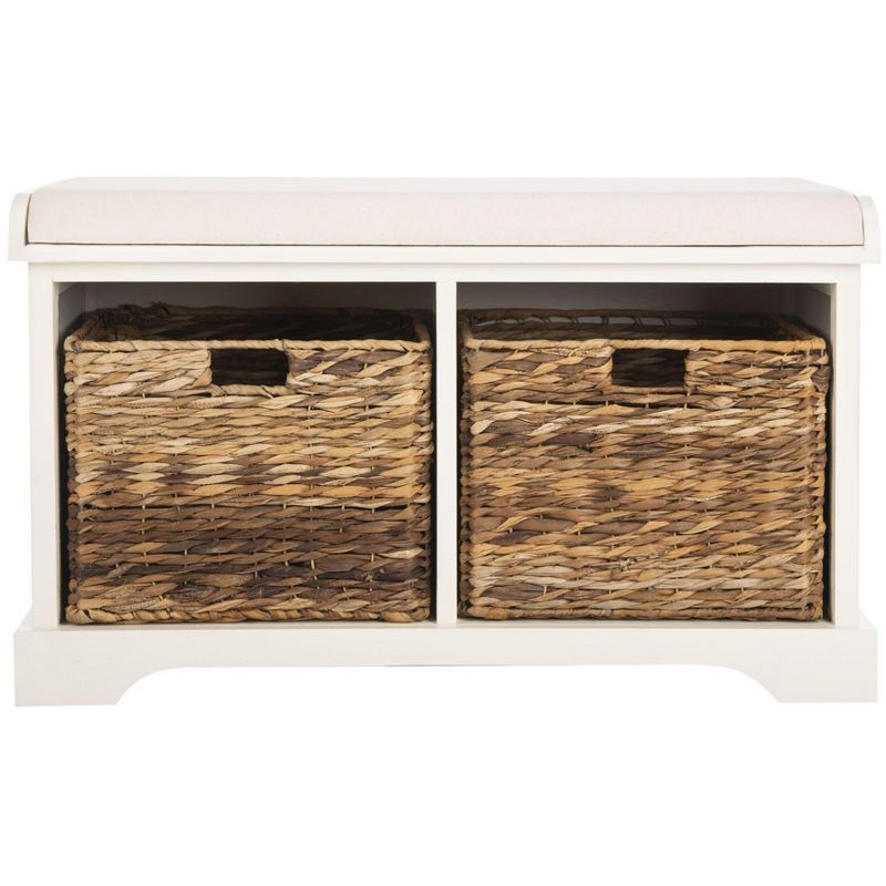 Freddy 34" White Pine Wicker Storage Bench with Linen Seat