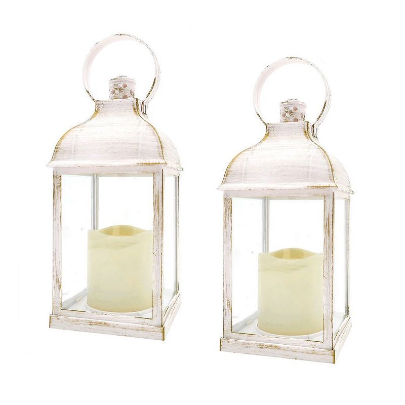 Winter Elegance Glass Tabletop Lantern with LED Candle - Set of 2