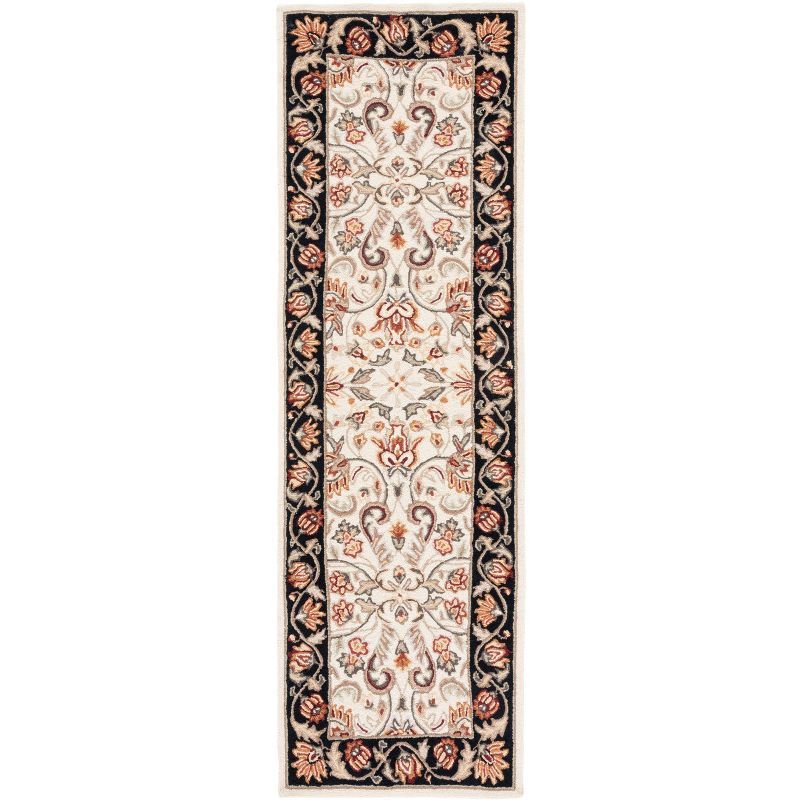 Ivory and Black Hand-Hooked Synthetic Runner Rug