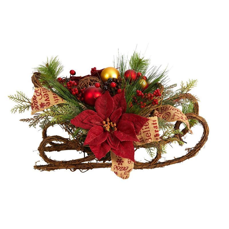 Winter Wonderland Poinsettia & Berries Tabletop Sleigh Arrangement