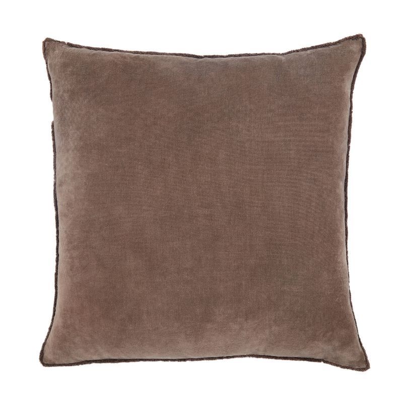 Dark Taupe Embroidered Square Throw Pillow with Fringe Trim