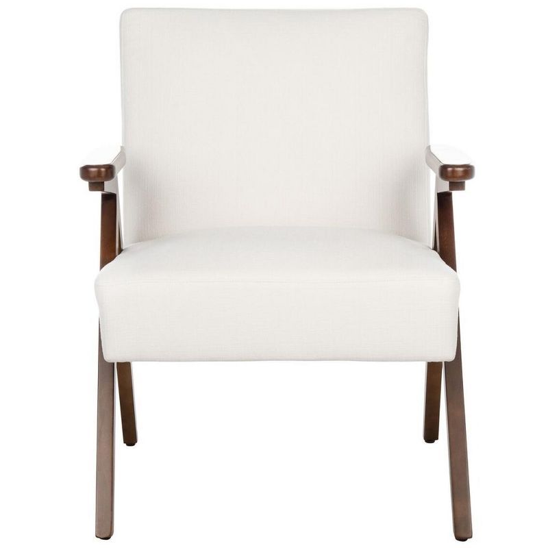 White Linen and Walnut Wood Arm Accent Chair