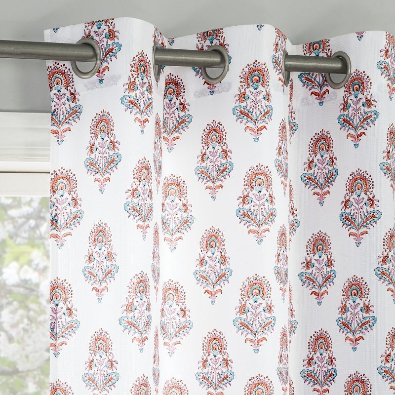 White Floral Motif Light-Filtering Grommet Curtain Panel