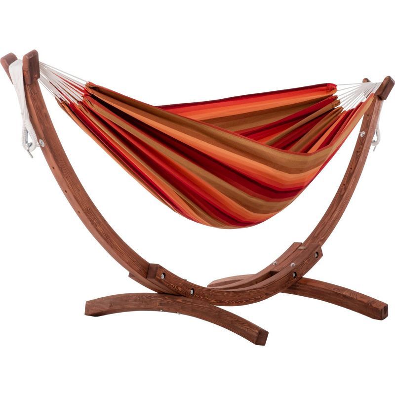 Sunset Orange Striped Sunbrella Hammock with Solid Pine Stand