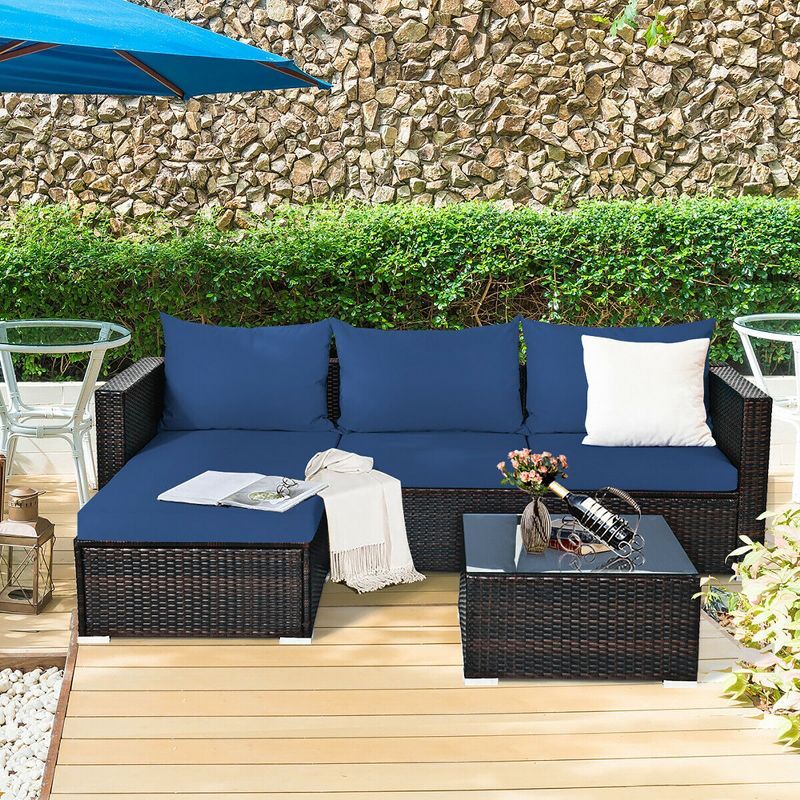 Navy and Brown Steel 5-Piece Patio Rattan Sectional Sofa Set