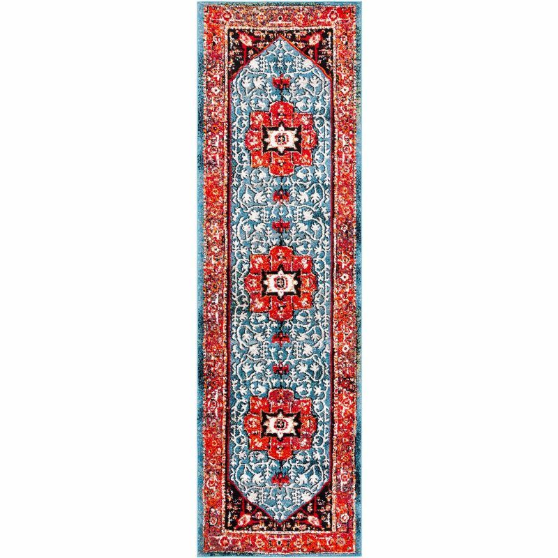 Vintage Red and Blue Synthetic Persian Runner Rug