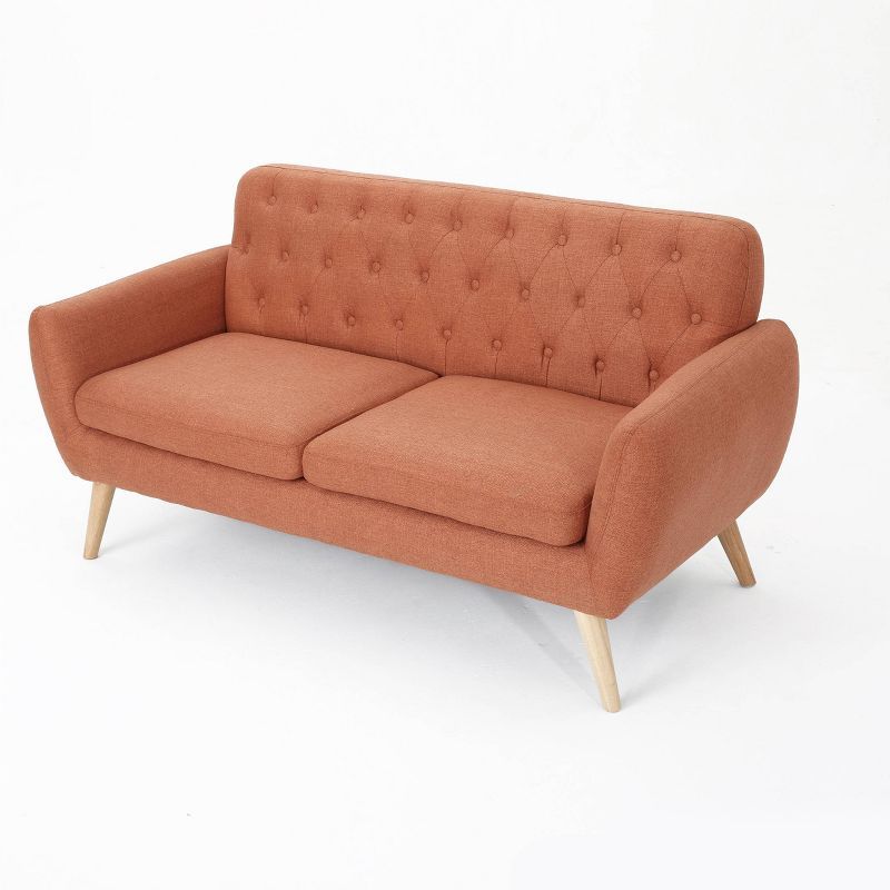 Petite Mid-Century Tufted Fabric Loveseat in Burnt Orange