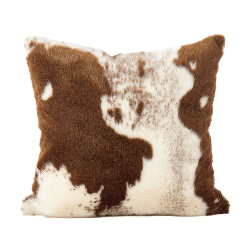 Brown and White Faux Cowhide Down Filled Throw Pillow