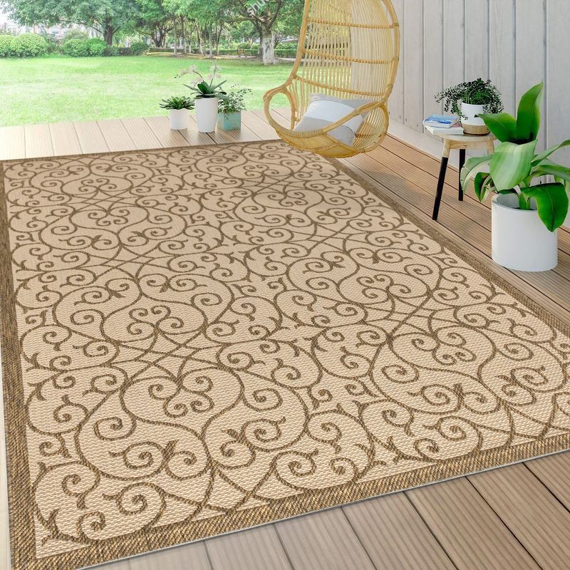 Ivory & Brown Filigree Textured 8'x10' Indoor/Outdoor Synthetic Rug