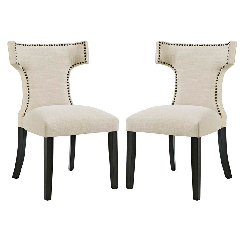 Beige Upholstered Wood Side Chair with Nailhead Trim, Set of 2