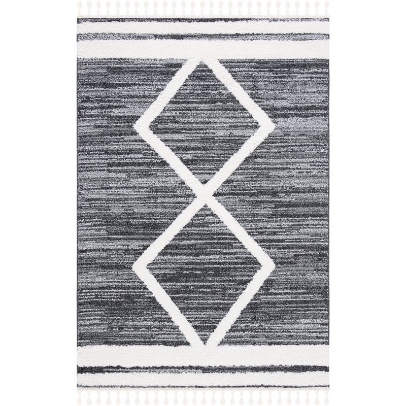 Black and Ivory Diamond Shag Synthetic Area Rug with Braided Tassels