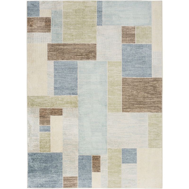 Blue Green Multi Rectangular Washable Synthetic Rug