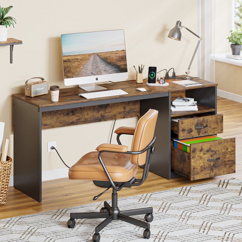 Rustic Brown Adjustable Height Computer Desk with Power Outlets and Drawers