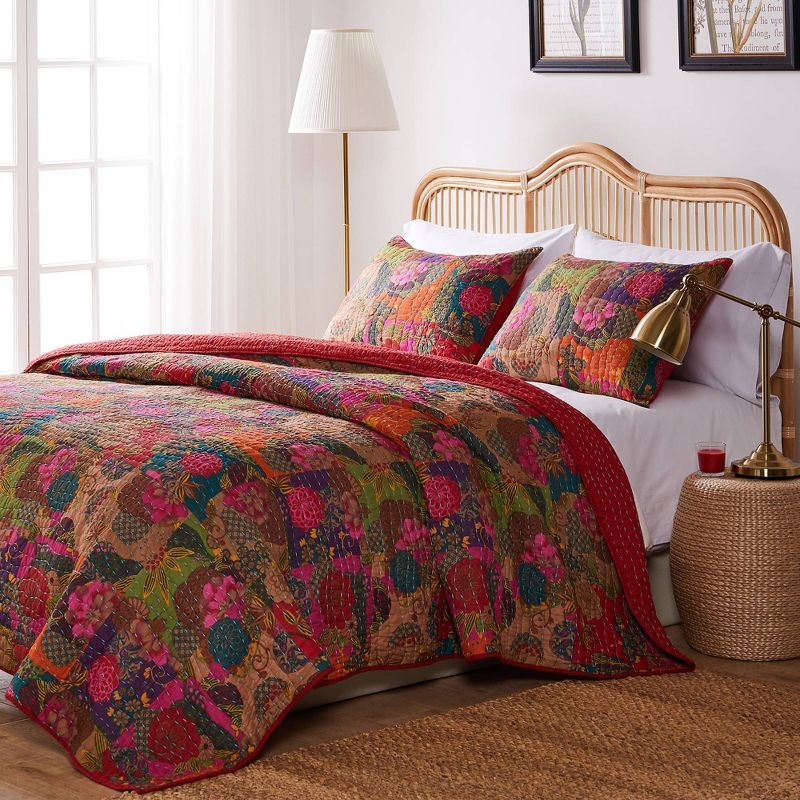 King Size Blue and Red Cotton Reversible Patchwork Quilt Set