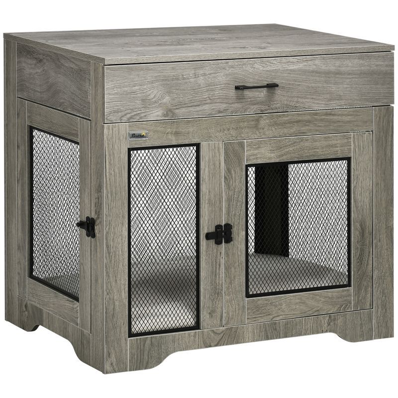 Gray Soft-Sided Dog Crate End Table with Drawer