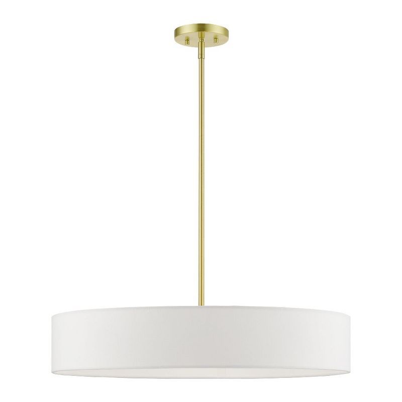 Satin Brass 5-Light Drum Pendant with Off-White Fabric Shade