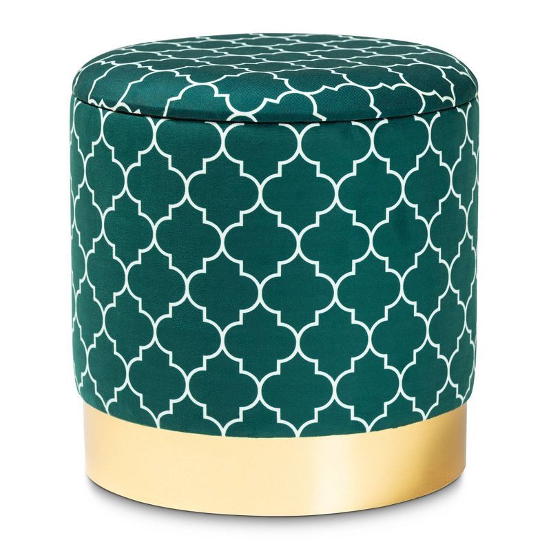 Teal Green Velvet Upholstered Gold Metal Storage Ottoman