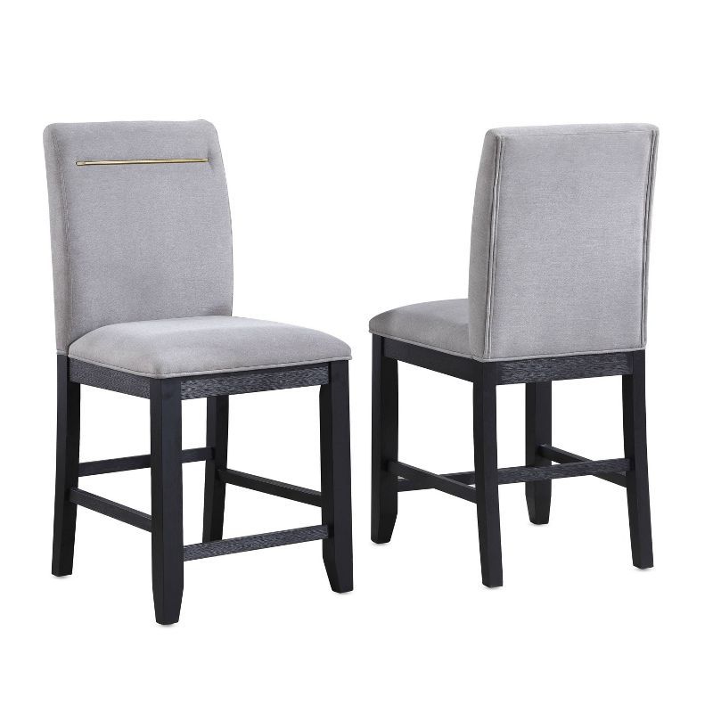 Gray Fabric and Charcoal Wood Counter Stools with Gold Accent