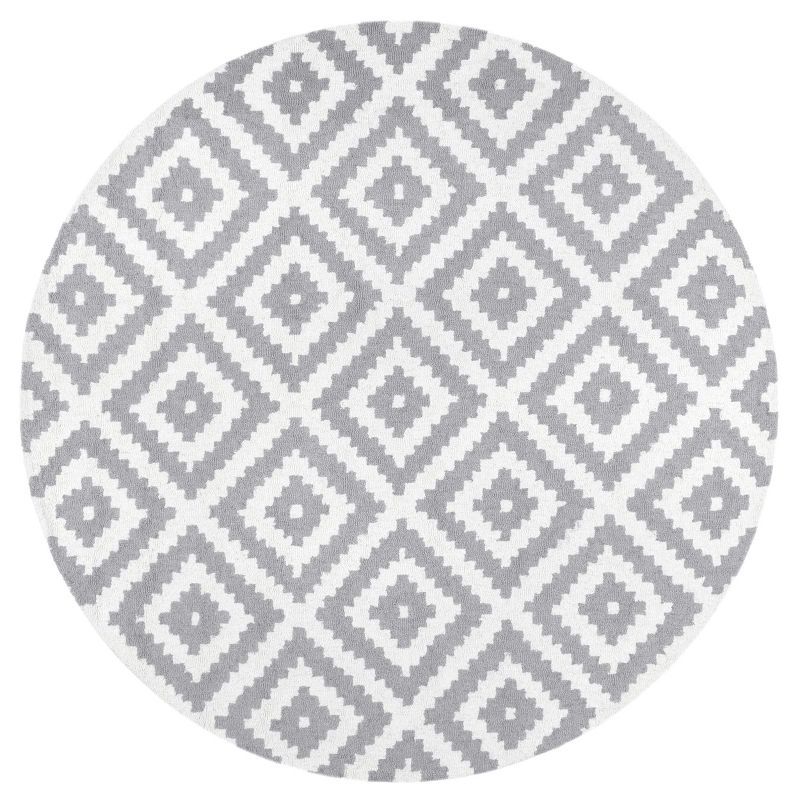 Gray and White Geometric Wool Round Area Rug, 5'