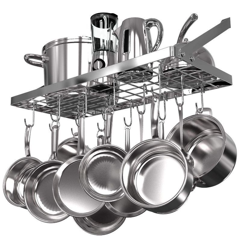 Silver Wall Mounted Pot Rack with 15 Hooks for Kitchen Storage