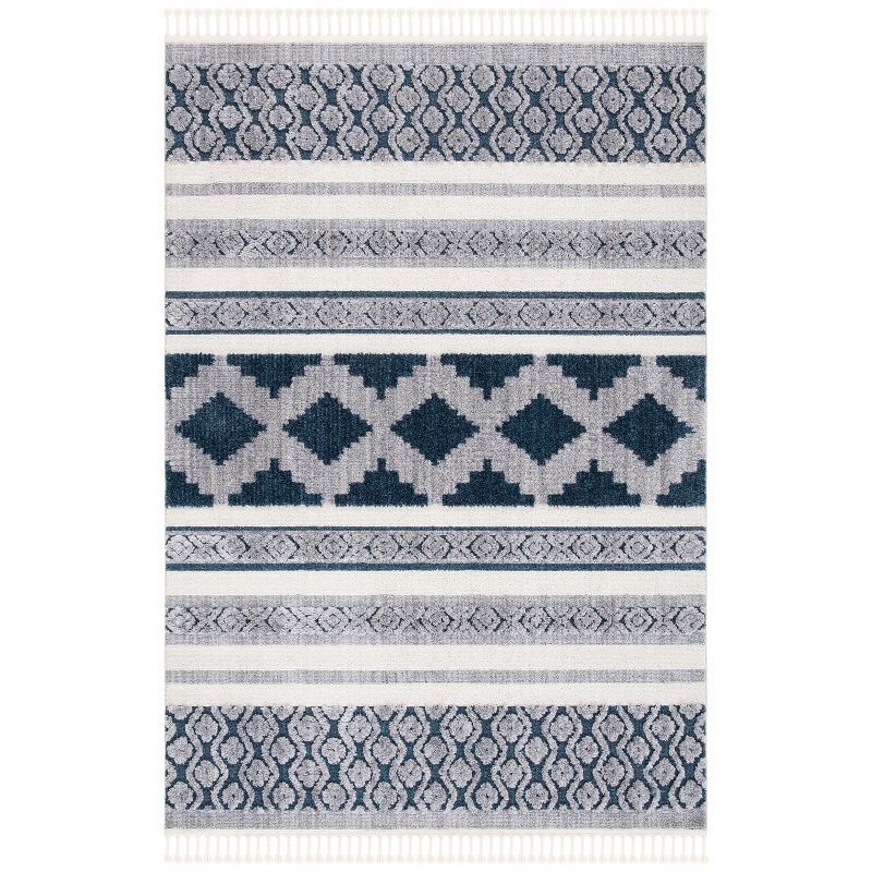 Ivory and Blue Moroccan Boho Tribal Tassel Area Rug
