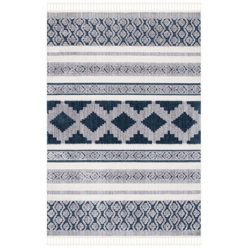 Ivory and Blue Moroccan Boho Tribal Tassel Area Rug