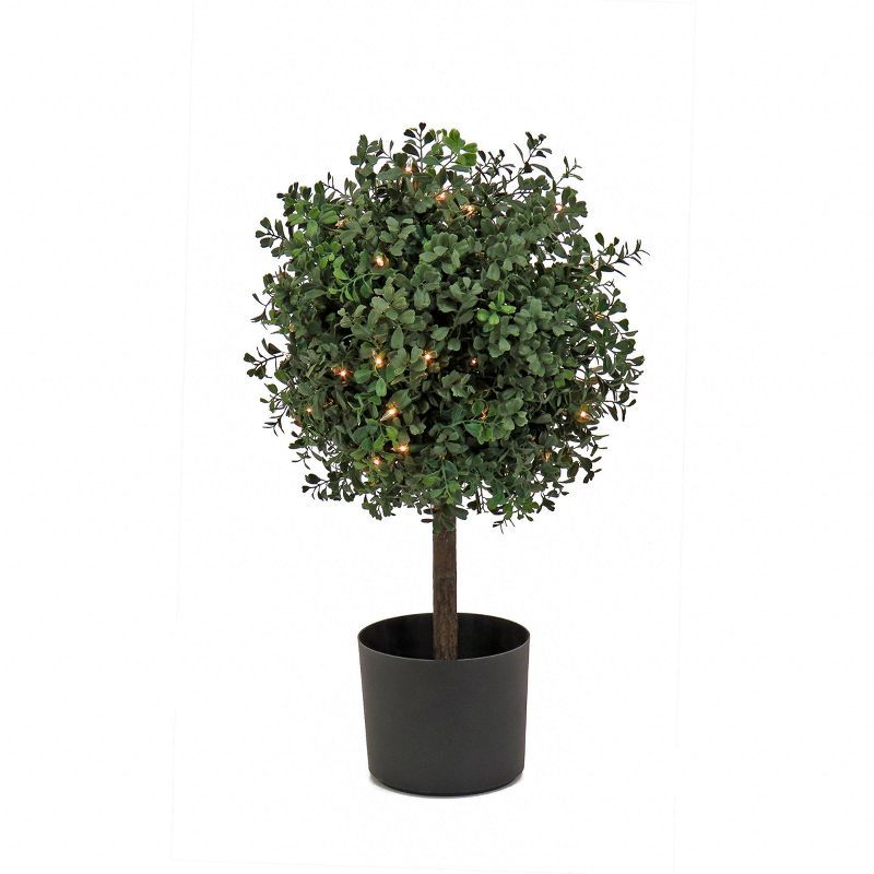 24" Green Plastic Boxwood Topiary with White Lights