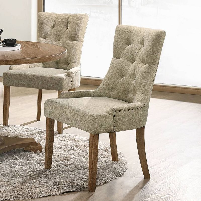 Beige Upholstered Side Chair with Salvaged Oak Legs