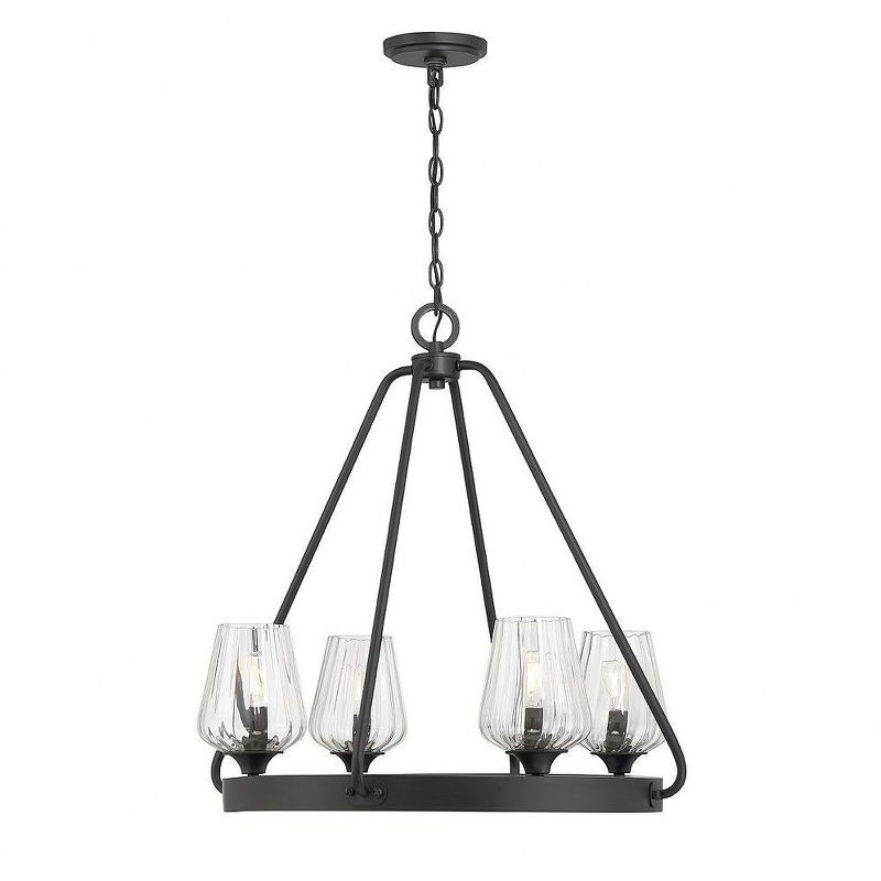 Carlton Matte Black 4-Light Chandelier with Ribbed Glass Shades