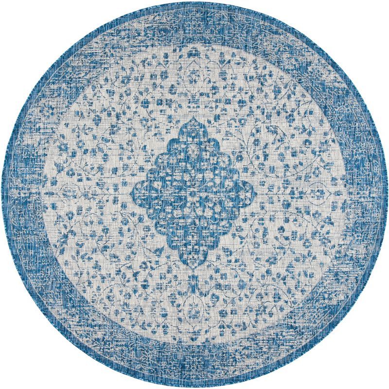 Reversible Easy-Care Blue/Grey Round Synthetic Area Rug - 6'7"