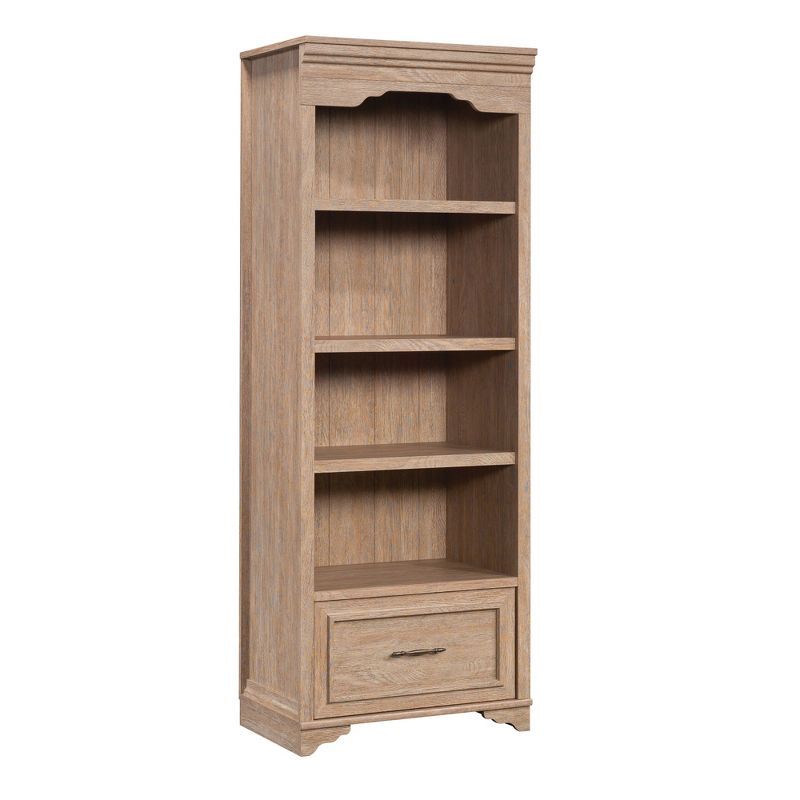 Brushed Oak Adjustable 4-Shelf Bookcase with Drawer