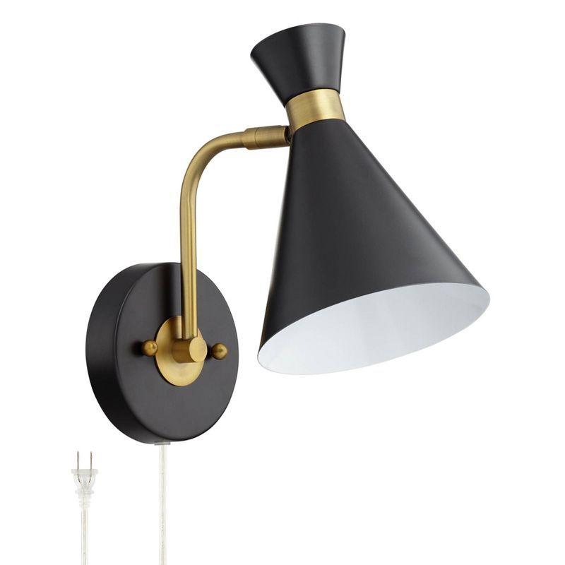 Venice Matte Black and Antique Brass Adjustable Cone Wall Lamp