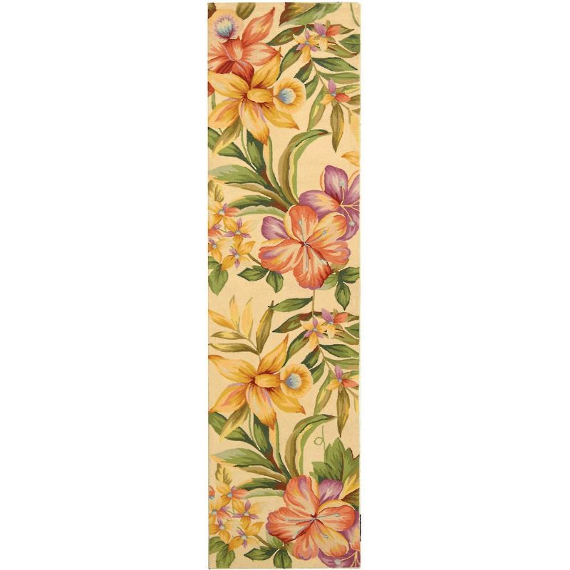 Ivory Floral Hand-Hooked Wool Area Rug, 2'6" x 8'