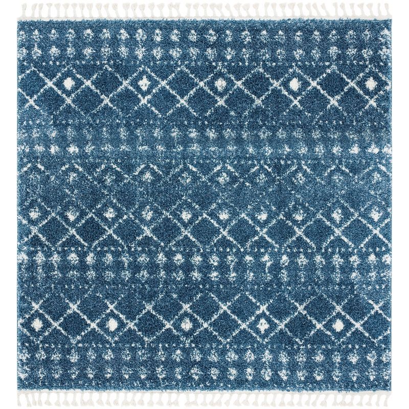 Square Blue and Ivory Synthetic Shag Area Rug