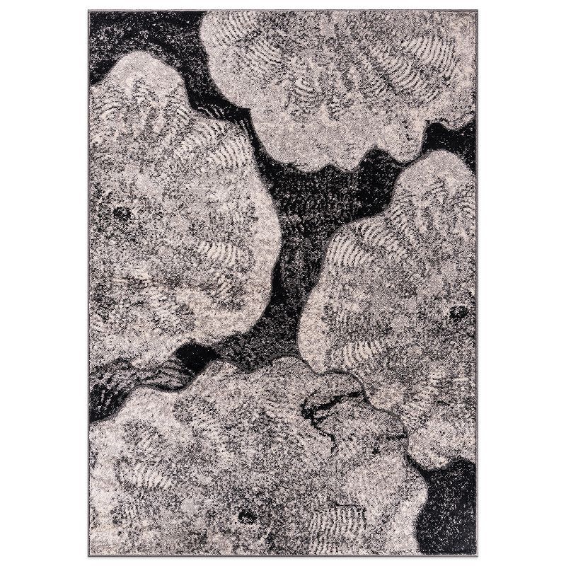 Black and Gray Floral Synthetic 5' x 7' Area Rug