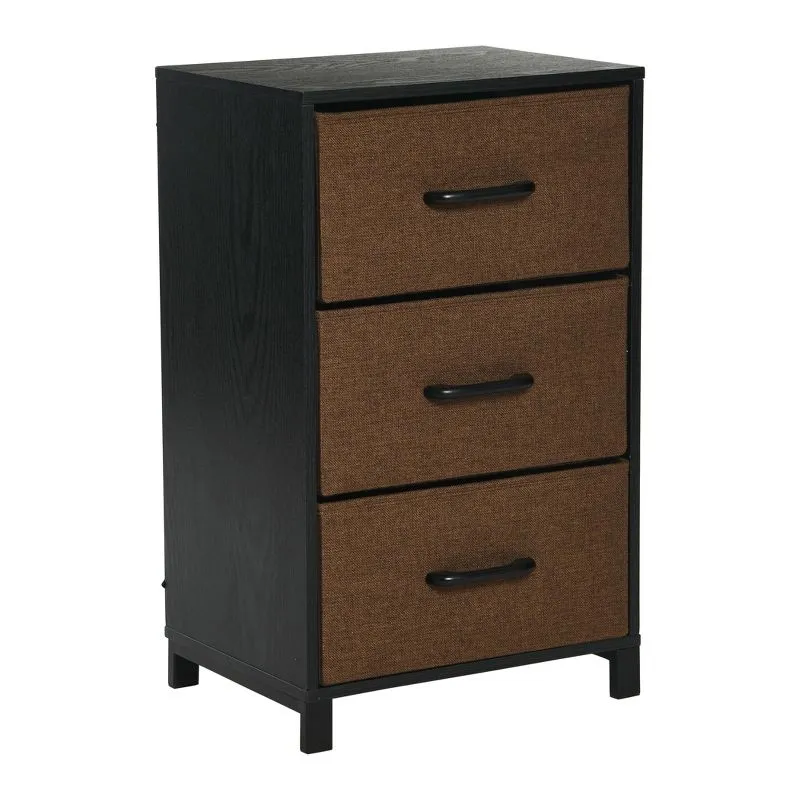 Black Oak and Brown Fabric 3-Drawer Narrow Storage Chest
