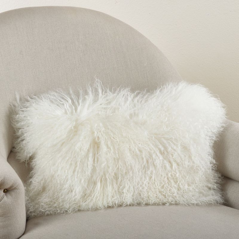 Ivory Mongolian Lamb Fur Rectangular Throw Pillow