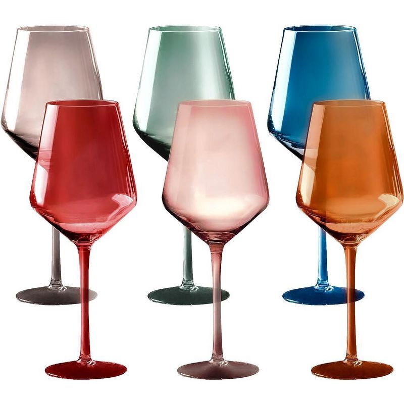 Set of 6 Multi-Colored Hand-Blown Crystal Wine Glasses