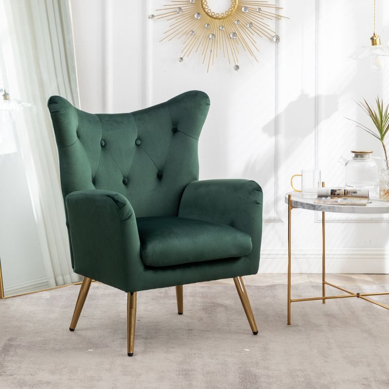 Green Velvet Button-Tufted Wing Back Accent Chair with Wood Legs