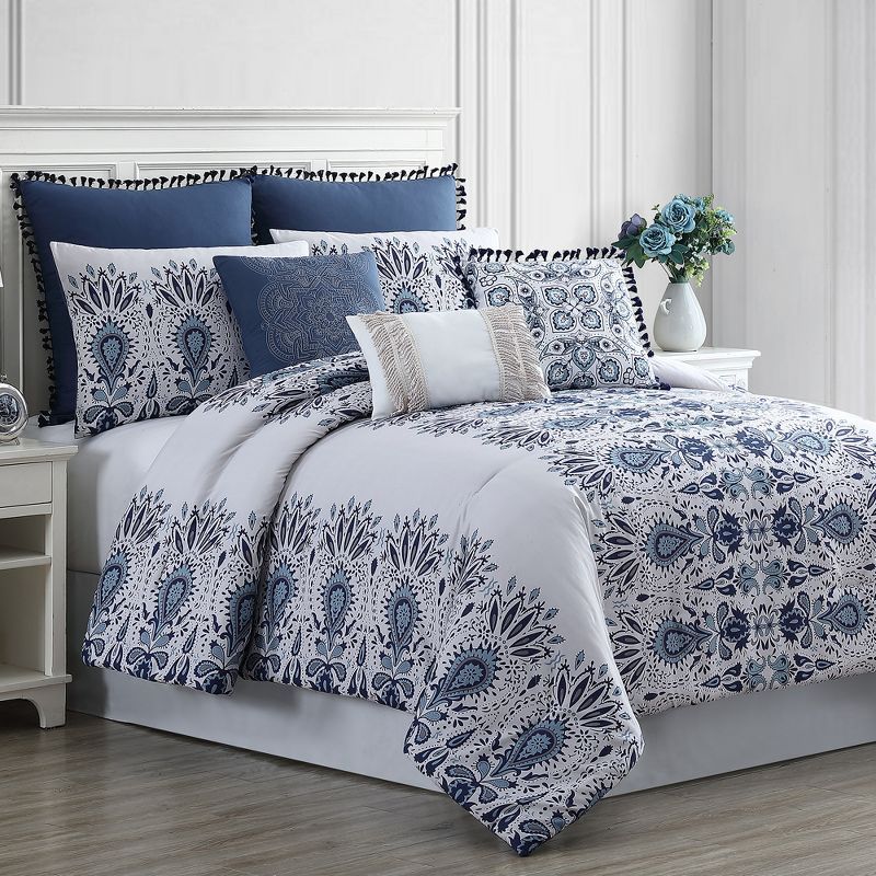 Karina King White and Blue Microfiber Reversible Comforter Set