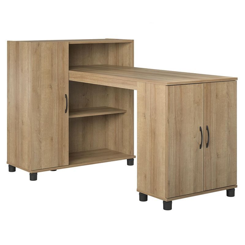 Natural Wood Craft Desk with Filing Cabinet and Storage