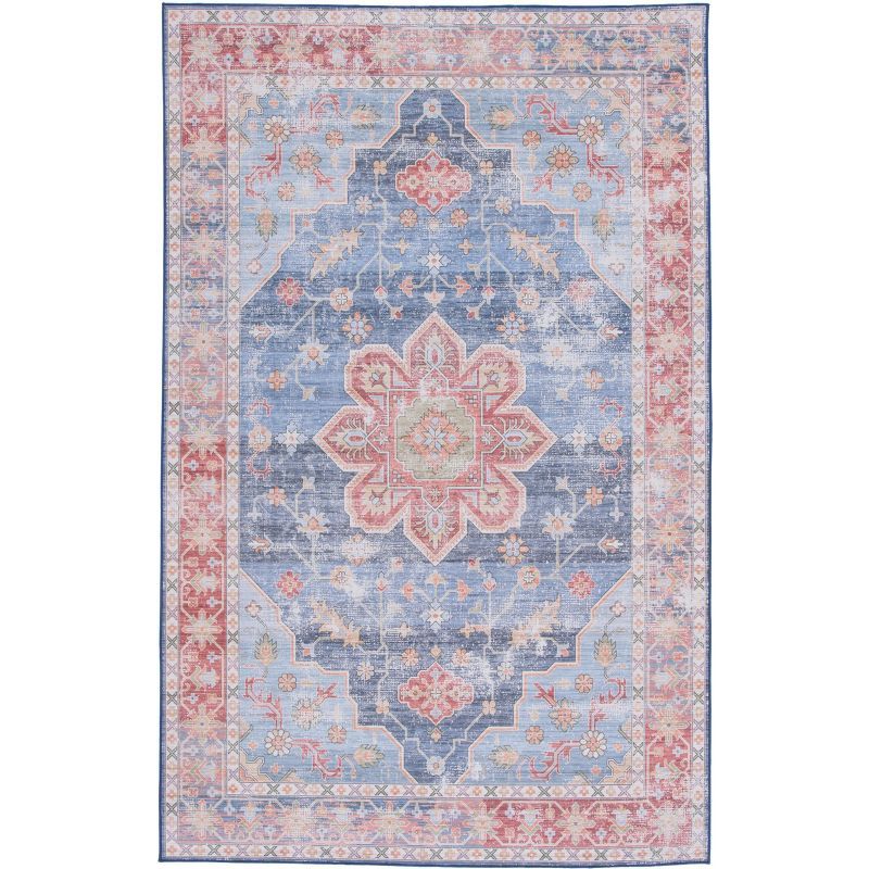 Blue and Rust Round Synthetic Washable Area Rug